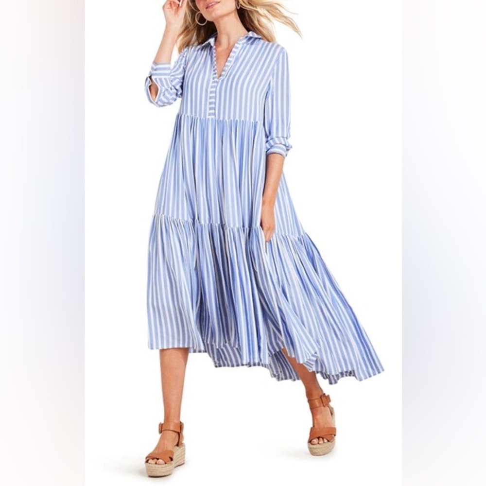 Vineyard Vines Sail Stripe Tired Collar Shirt Dress Blue and White